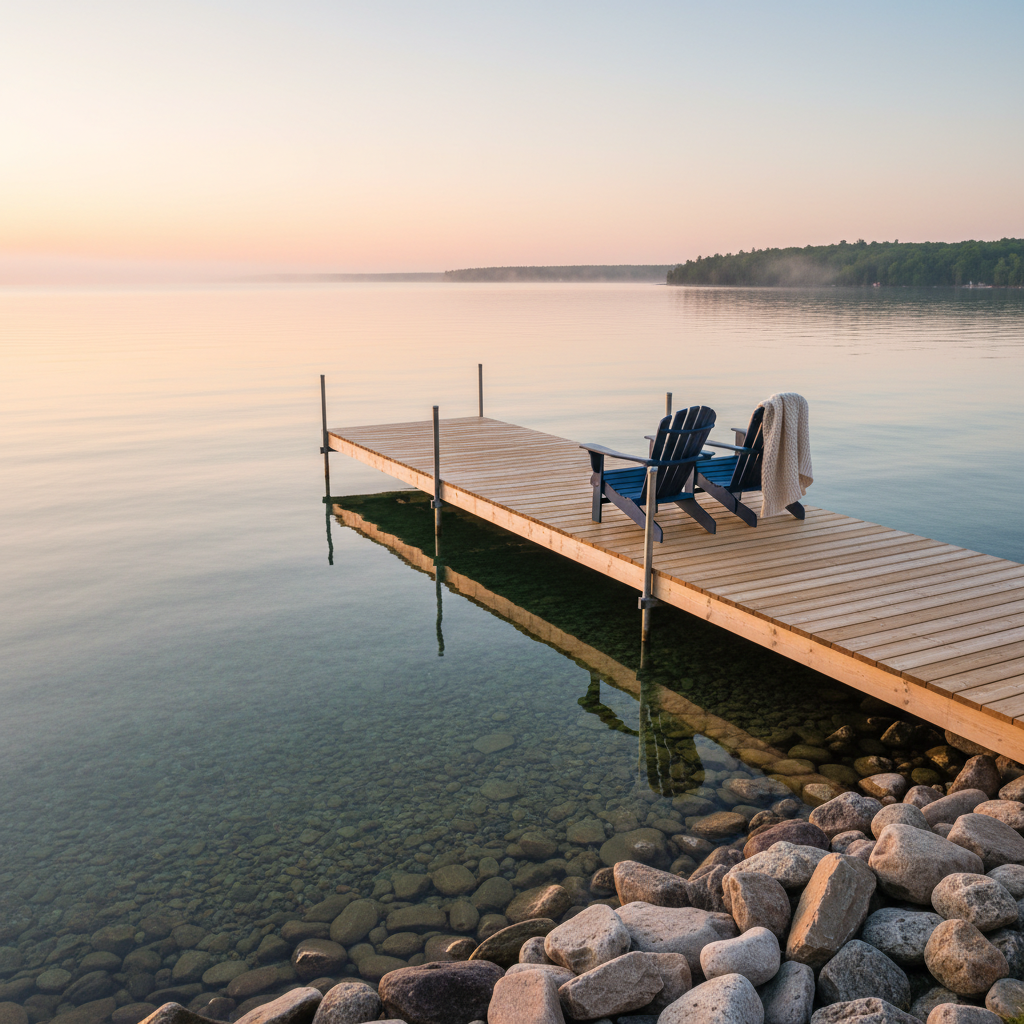 A pristine private dock extending from a rocky Lake Michigan shoreline, leading to crystal-clear water with visible pebbles beneath the surface. On the dock, two Adirondack chairs in deep navy blue sit angled toward a distant tree-lined horizon, with a folded cream knit throw resting neatly on one chair. The setting is captured at sunrise, with soft pink and gold tones reflecting across the water and a gentle mist hugging the opposite shore. Photographic realism with a slightly elevated angle and sharp focus throughout, creating a peaceful, contemplative mood. The composition uses leading lines of the dock guiding the eye out to the calm lake, ideal for illustrating the tranquility of a lakehouse getaway.