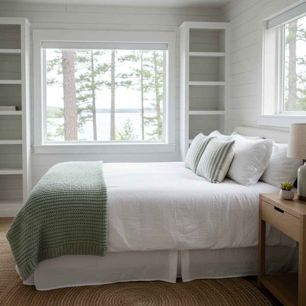 An impeccably styled lakehouse guest bedroom in Traverse City, showcasing a queen-sized bed with crisp white hotel-quality linens, a chunky sage-green knit blanket folded at the foot, and a pair of matching striped lumbar pillows. Built-in white shiplap walls frame a large window that reveals a blurred view of tall pines and a distant glimmer of lake water. Soft, diffused overcast daylight fills the room, highlighting the subtle textures of a natural jute rug and a light oak nightstand with a small ceramic lamp. Photographic realism with an eye-level, centered composition and moderate depth of field. The mood is calm, fresh, and inviting, emphasizing host-focused decor tips for short-term rental success.