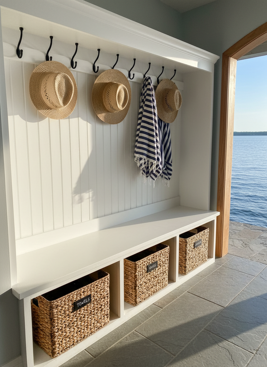A neatly organized lakehouse entryway designed for short-term rental guests, featuring a built-in white bench with cubbies holding woven baskets labeled for towels, games, and lake gear. Above, a row of matte black hooks holds neatly hung straw hats and striped beach towels in navy and white. The floor is clad in pale gray slate with subtle veining, leading to a glimpse of shimmering lake water through an open doorway in the background. Soft morning light filters in from the lakeside, casting gentle shadows and highlighting the textures of the baskets and textiles. Photographic realism with an eye-level, slightly off-center composition. The atmosphere is fresh, welcoming, and highly functional, emphasizing practical hosting tips.