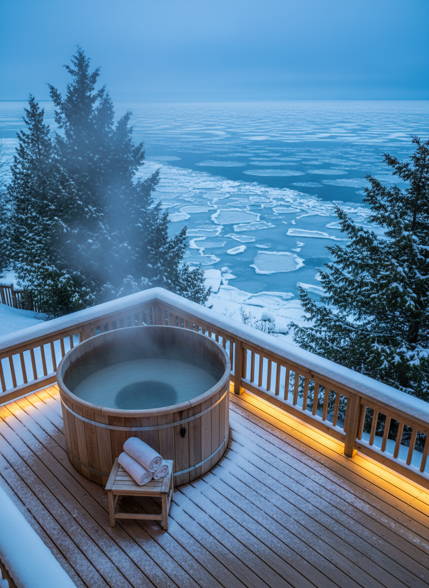A winter lakehouse hot tub setup on a cedar deck overlooking a partially frozen Great Lakes inlet, the water surface broken by jagged ice formations and pockets of deep blue. The round cedar hot tub steams gently in the icy air, with thick white towels rolled neatly on a small teak stool beside it. Snow blankets the railings and nearby evergreen branches, adding a soft, pristine texture. Captured at twilight with cool blue ambient light from the sky and warm golden illumination from concealed deck lighting, creating a dramatic contrast. Photographic realism with a three-quarter elevated view, sharp focus throughout. The mood is luxurious, secluded, and perfect for illustrating cold-weather lakehouse getaways without including any people.