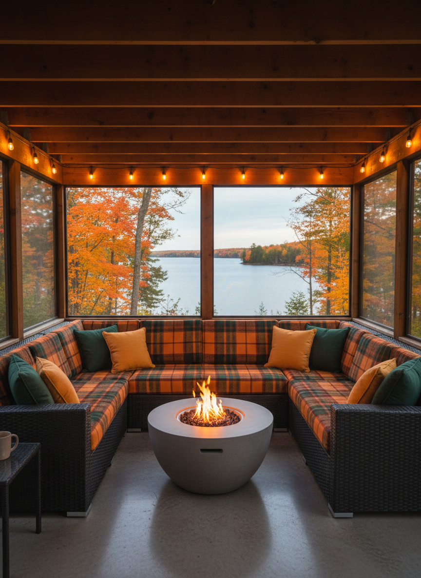 A cozy four-season screened porch overlooking a northern Michigan lake in early autumn, featuring a deep charcoal wicker sectional layered with plaid wool blankets in rust, mustard, and forest green tones. A low, round fire table glows at the center, its flames reflecting on a smooth concrete surface. Beyond the screened panels, fiery orange and red maples line the shoreline, while the lake appears calm under a pale sky. Warm string lights trace the ceiling beams, casting a gentle ambient glow that mingles with the fading natural light of blue hour. Photographic realism from a slightly wide-angle interior perspective, capturing the entire seating arrangement. The mood is snug, nostalgic, and ideal for showcasing off-season lakehouse appeal.