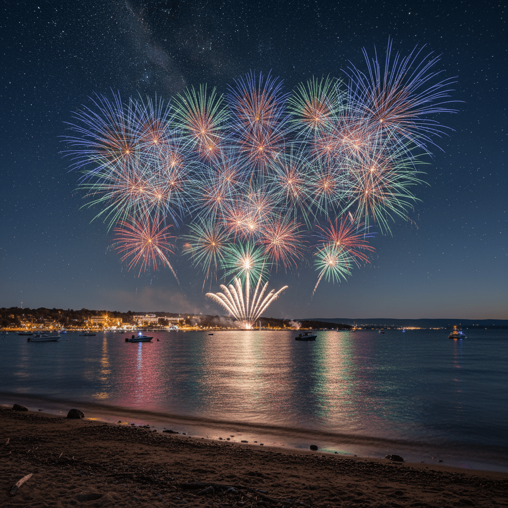 Heart-shaped colorful fireworks bursting over a calm lake with boats under a starry sky.